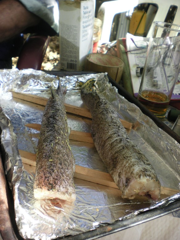 Fresh peppered fish, cooked in a wood fired oven