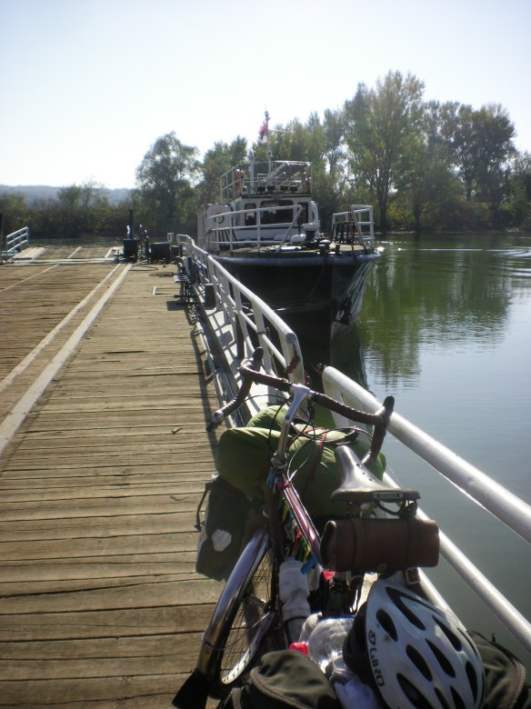 The only passenger on the 30 minute ferry across the Danube 