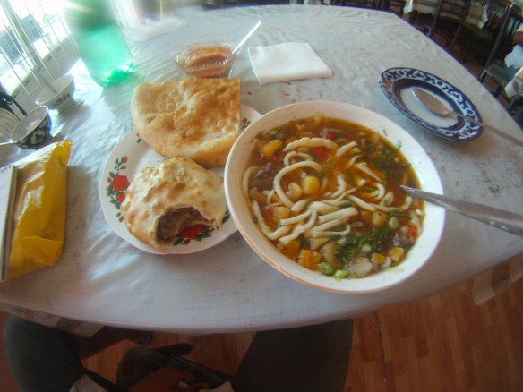 Local Uzbek cuisine: Lagman (Lamb noodle soup), Somsa (Lamb filled pastry) and naan