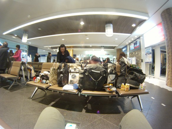 Setting up camp at the ferry terminal in Japan