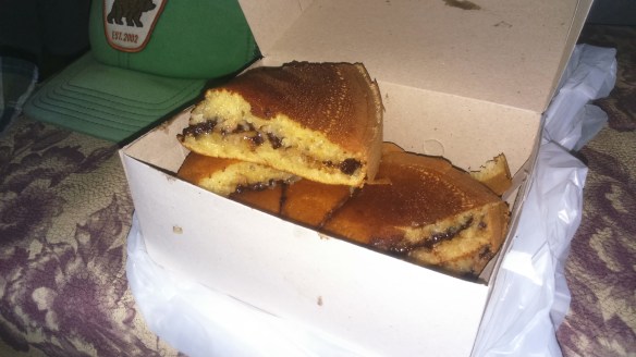 Terang Bulan. Brightmoon pancake sandwich. Filled with peanut butter, milk, chocolate, banana. 