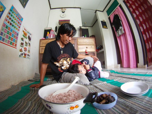I met a few locals in the village of Panici, who invited me to stay the evening. This was breakfast the next day, fried pork fat and rice.