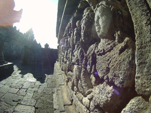 Jataka tales. These stone reliefs depict the previous incarnations of the Buddha, Siddhartha Gautama (previous lives becoming enlightened). 